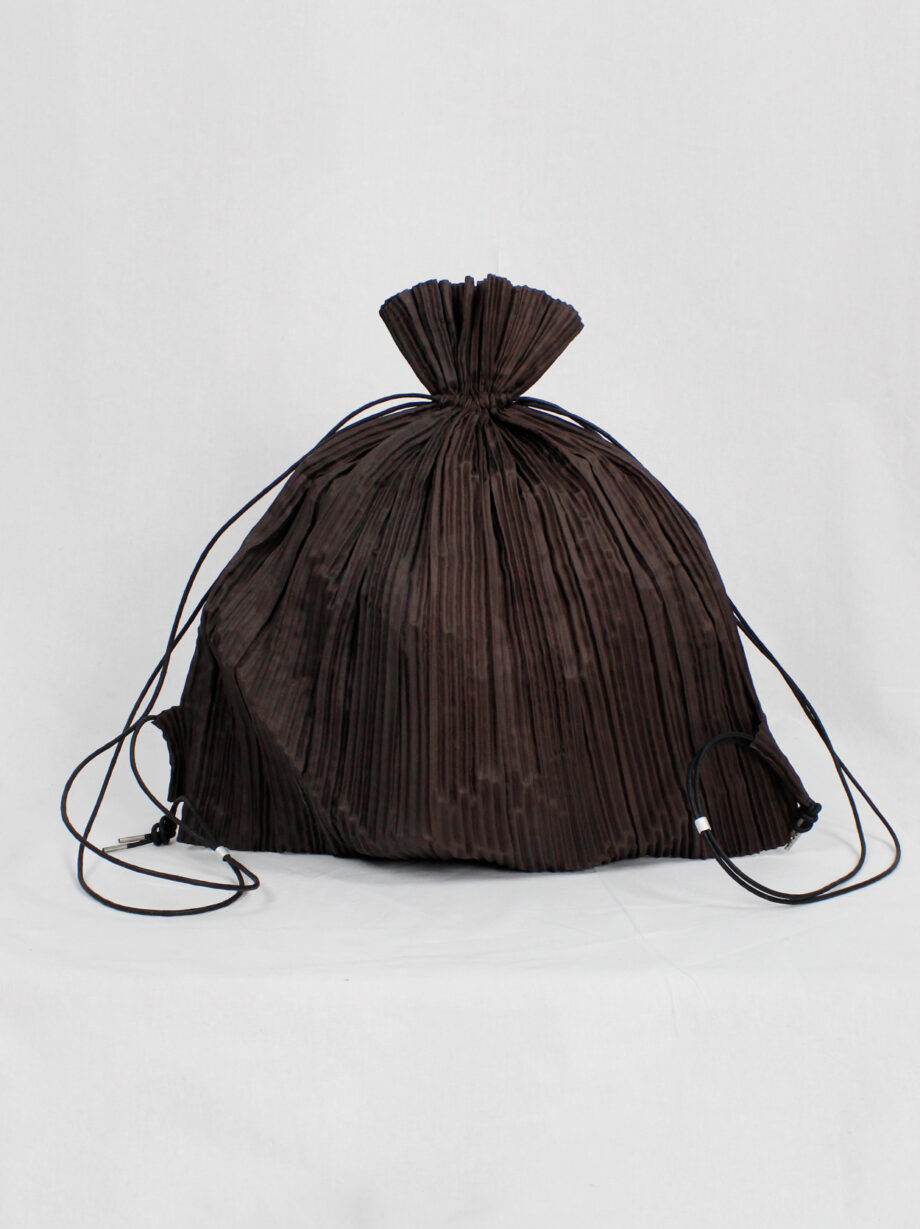 Issey Miyake dark brown drawstring backpack with fine pressed pleats (3)