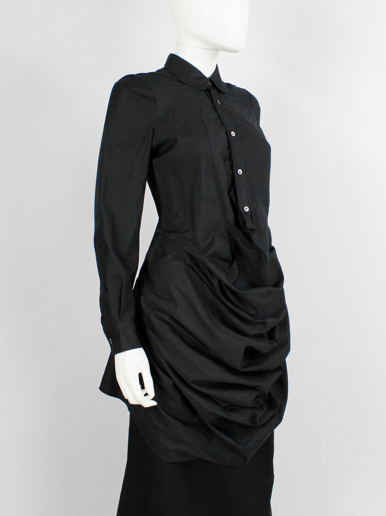 Junya Watanabe black long shirt with draped 'kangaroo' front — spring ...