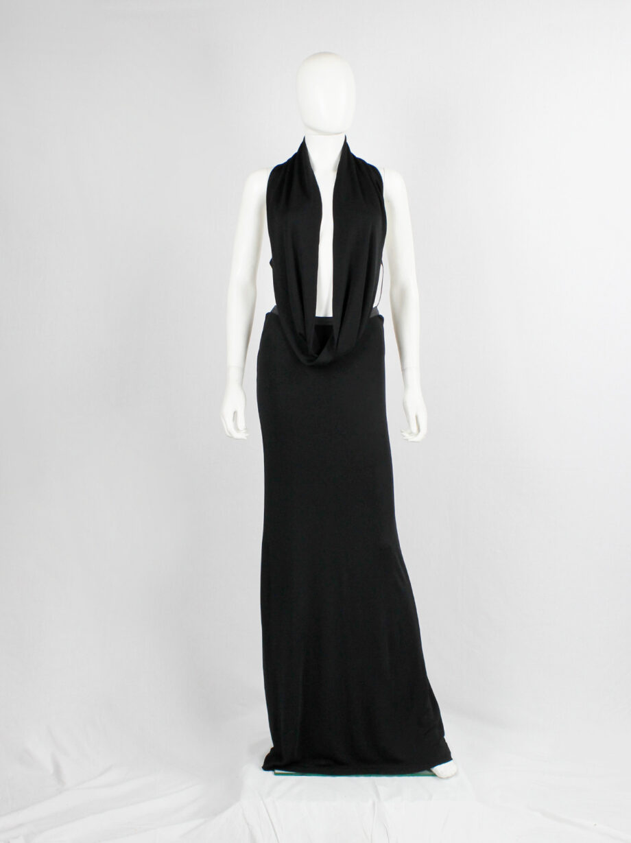 vintage Maison Martin Margiela black ensemble of a maxi skirt and a backless draped cowl top spring 2006 (8)