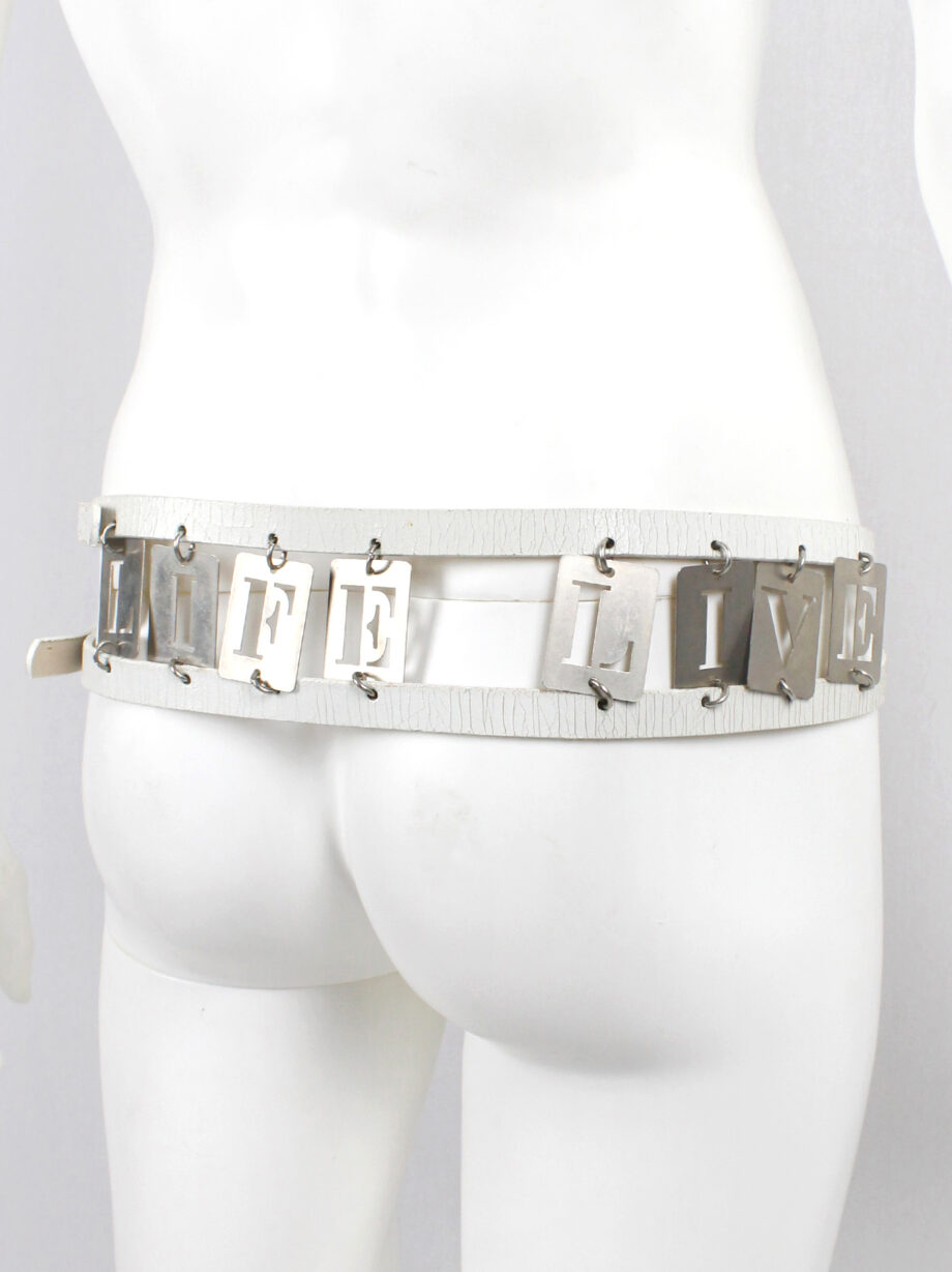 Ann Demeulemeester two white leather belts attached by metal LIFE and LIVE dogtags spring 2003 (18)