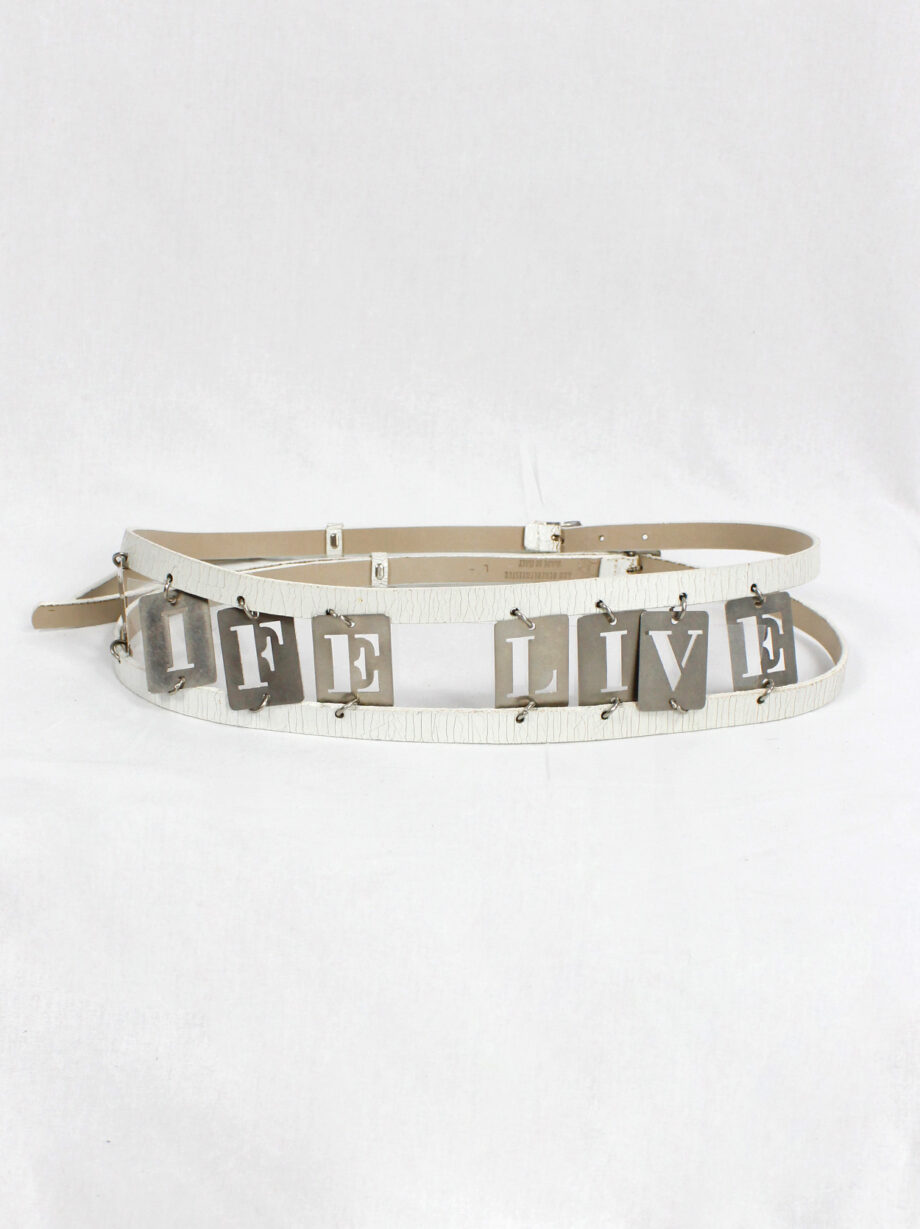 Ann Demeulemeester two white leather belts attached by metal LIFE and LIVE dogtags spring 2003 (7)