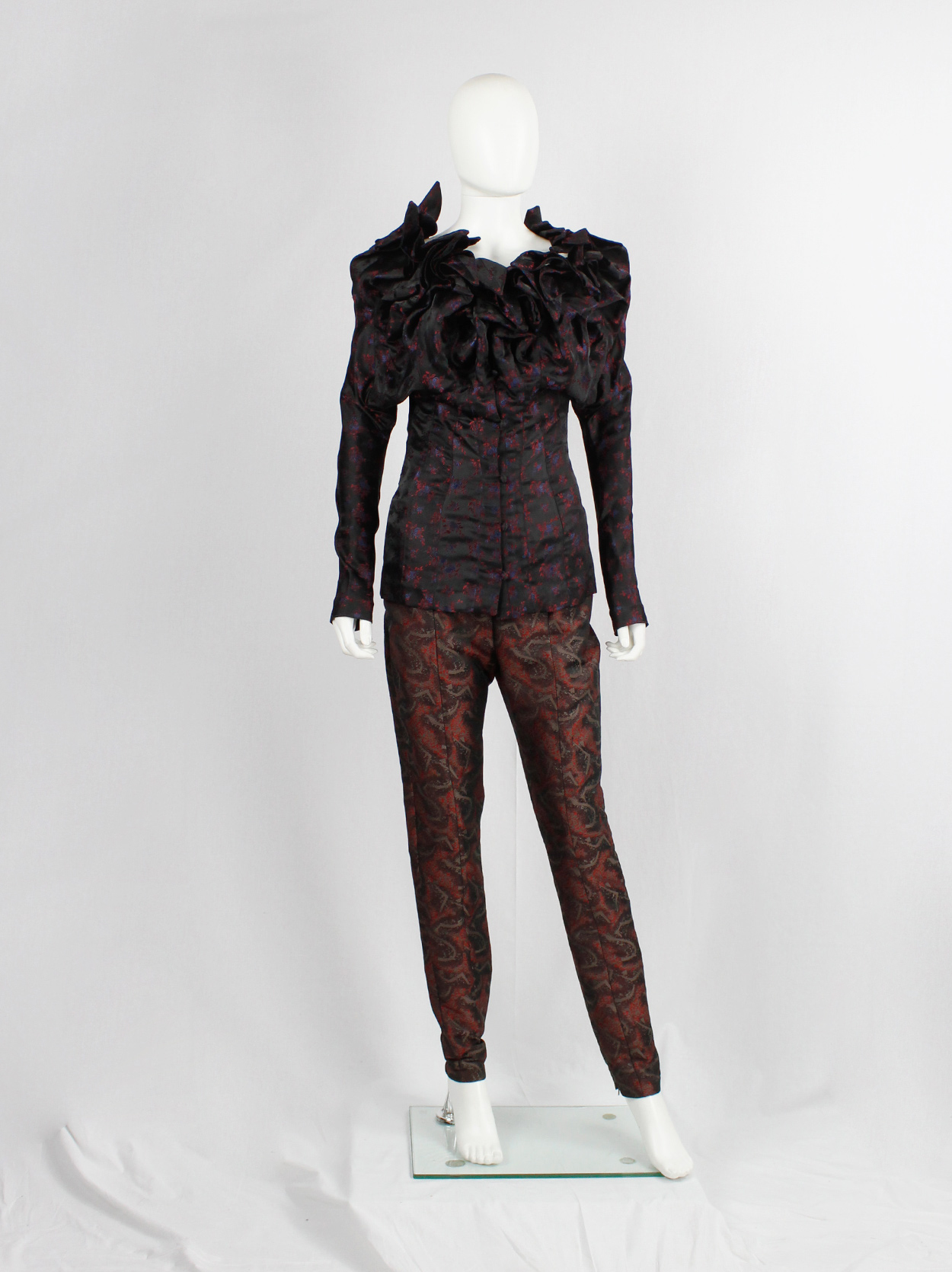 Angelo Figus black floral brocade shirt with sculptural Pierrot collar ...