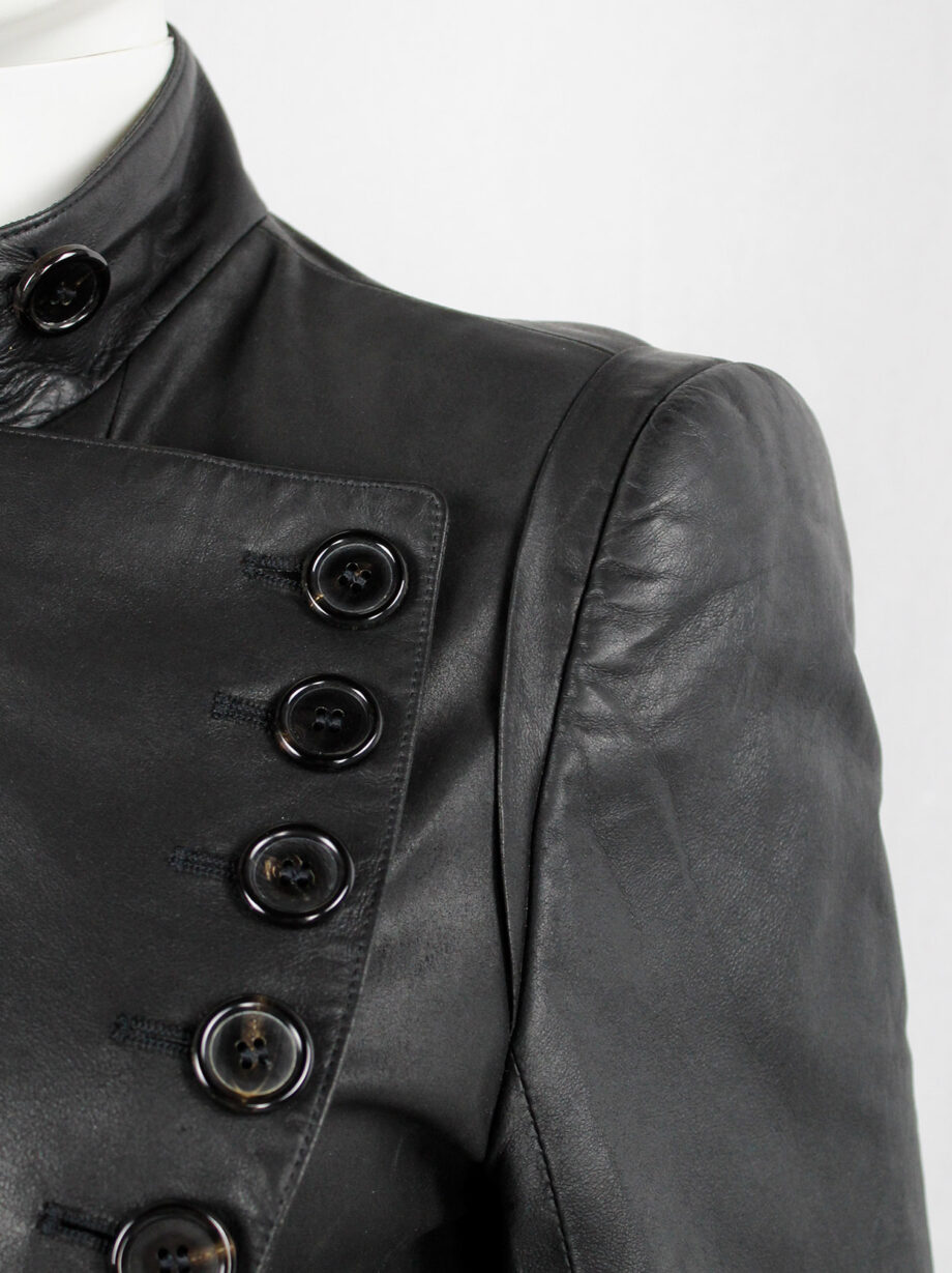 vintage Ann Demeulemeester black leather jacket with asymmetric button closure and removable collar fall 2003 (1)