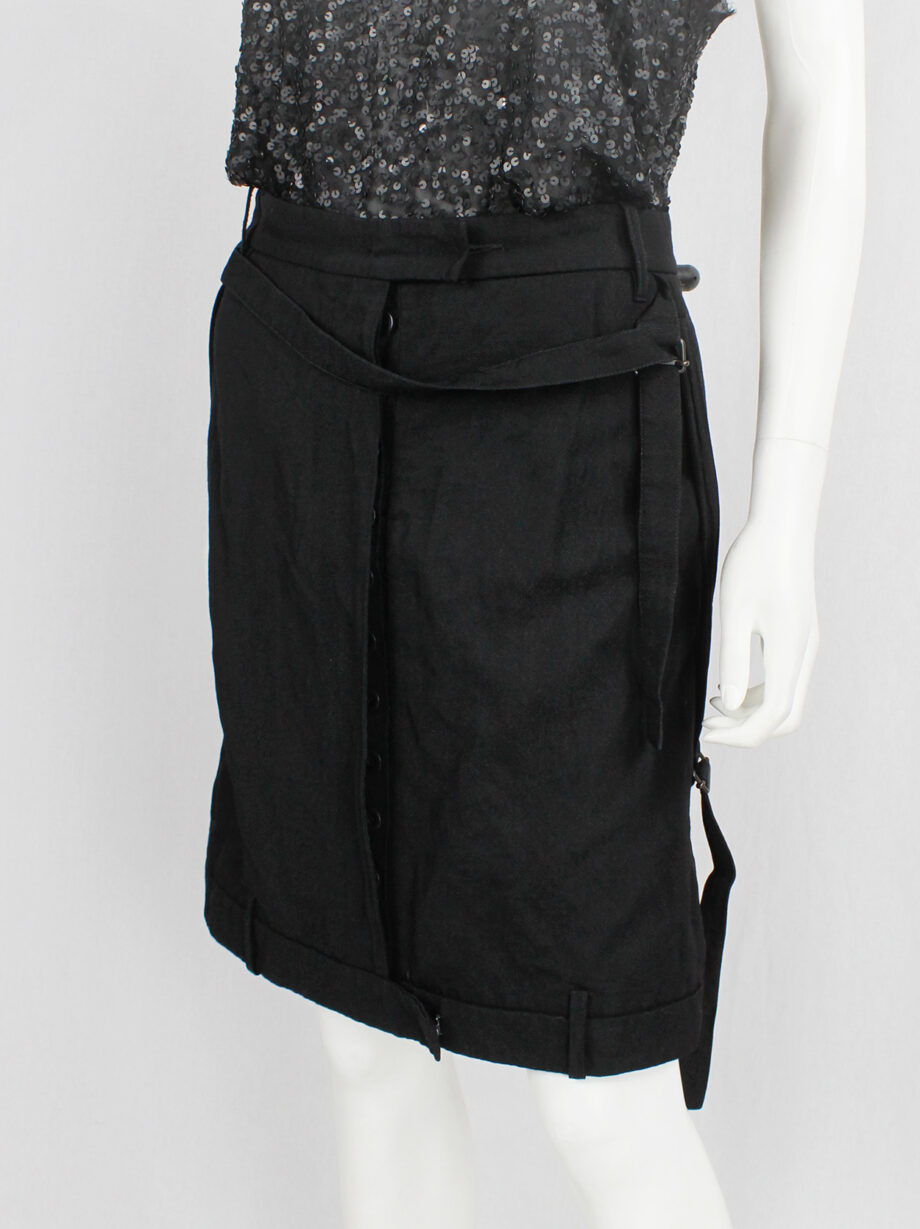 vintage Ann Demeulemeester black upside down midi-skirt with front strap and side belts fall 2004 (14)