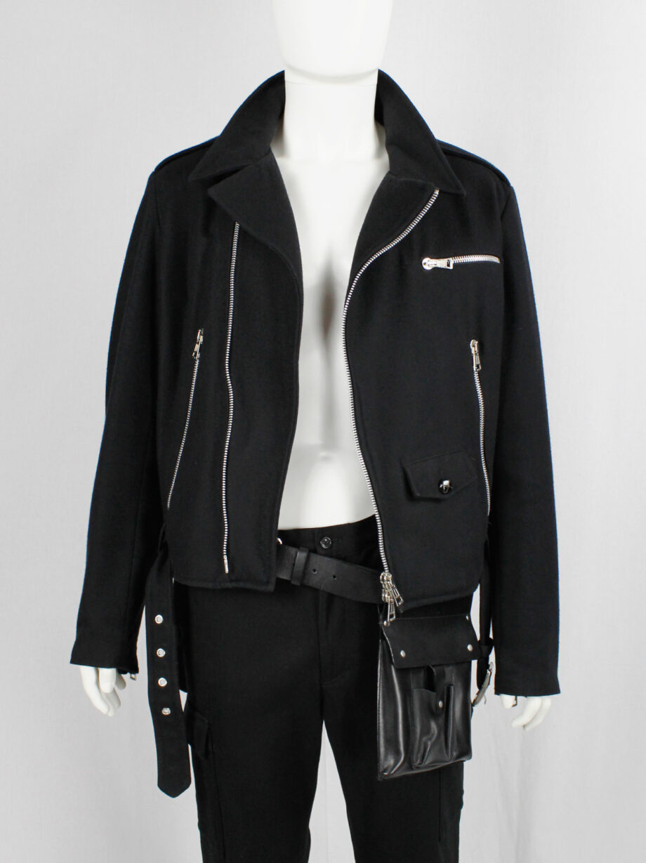 Xavier Delcour black wool biker jacket with zipper details and belted hem fall 2004 (14)