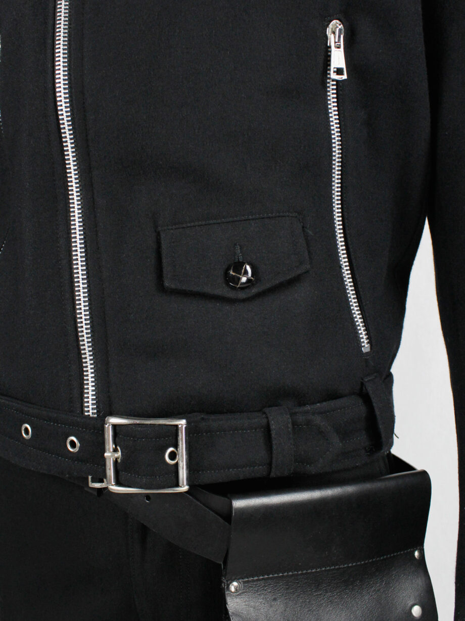 Xavier Delcour black wool biker jacket with zipper details and belted hem fall 2004 (3)