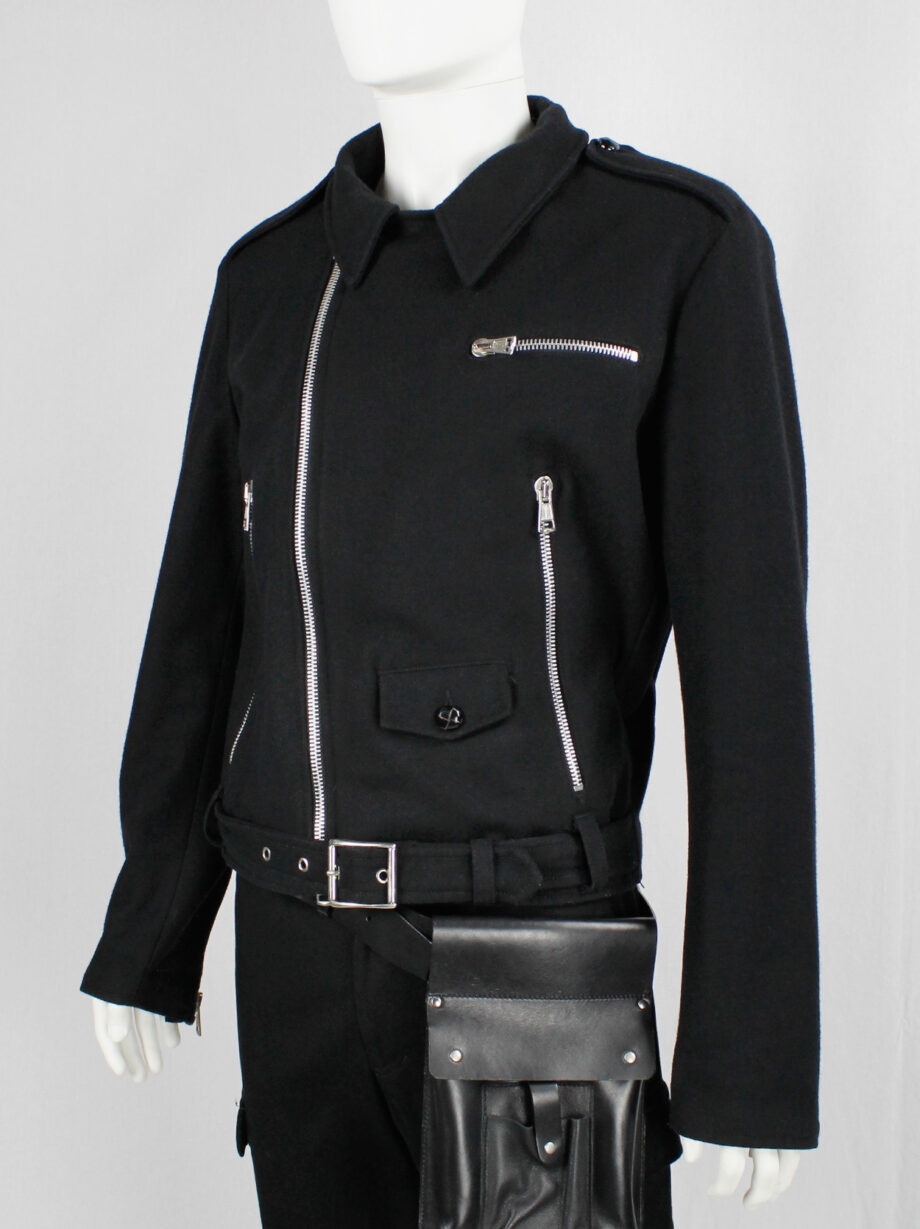 Xavier Delcour black wool biker jacket with zipper details and belted hem fall 2004 (4)