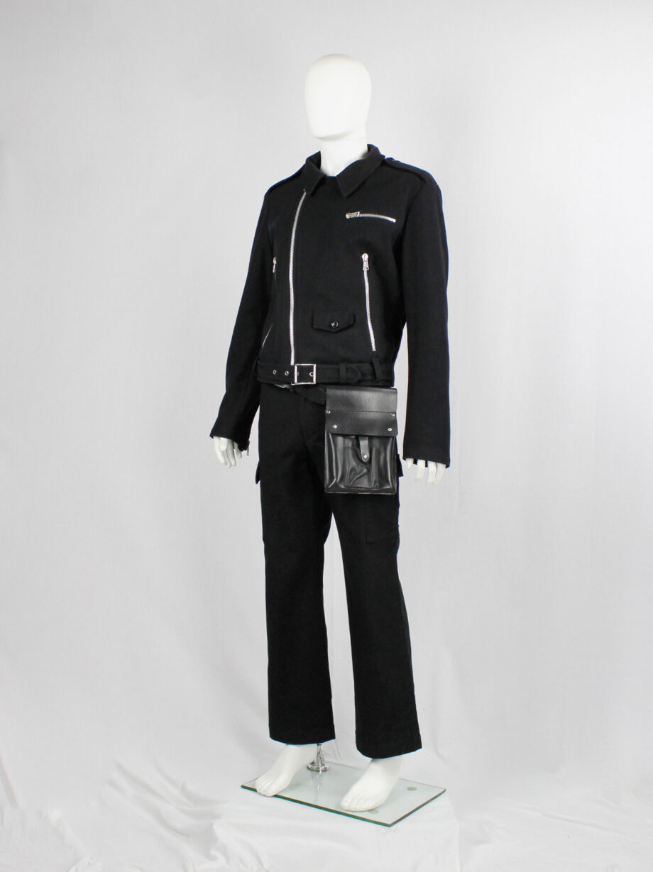 Xavier Delcour black wool biker jacket with zipper details and belted hem fall 2004 (5)