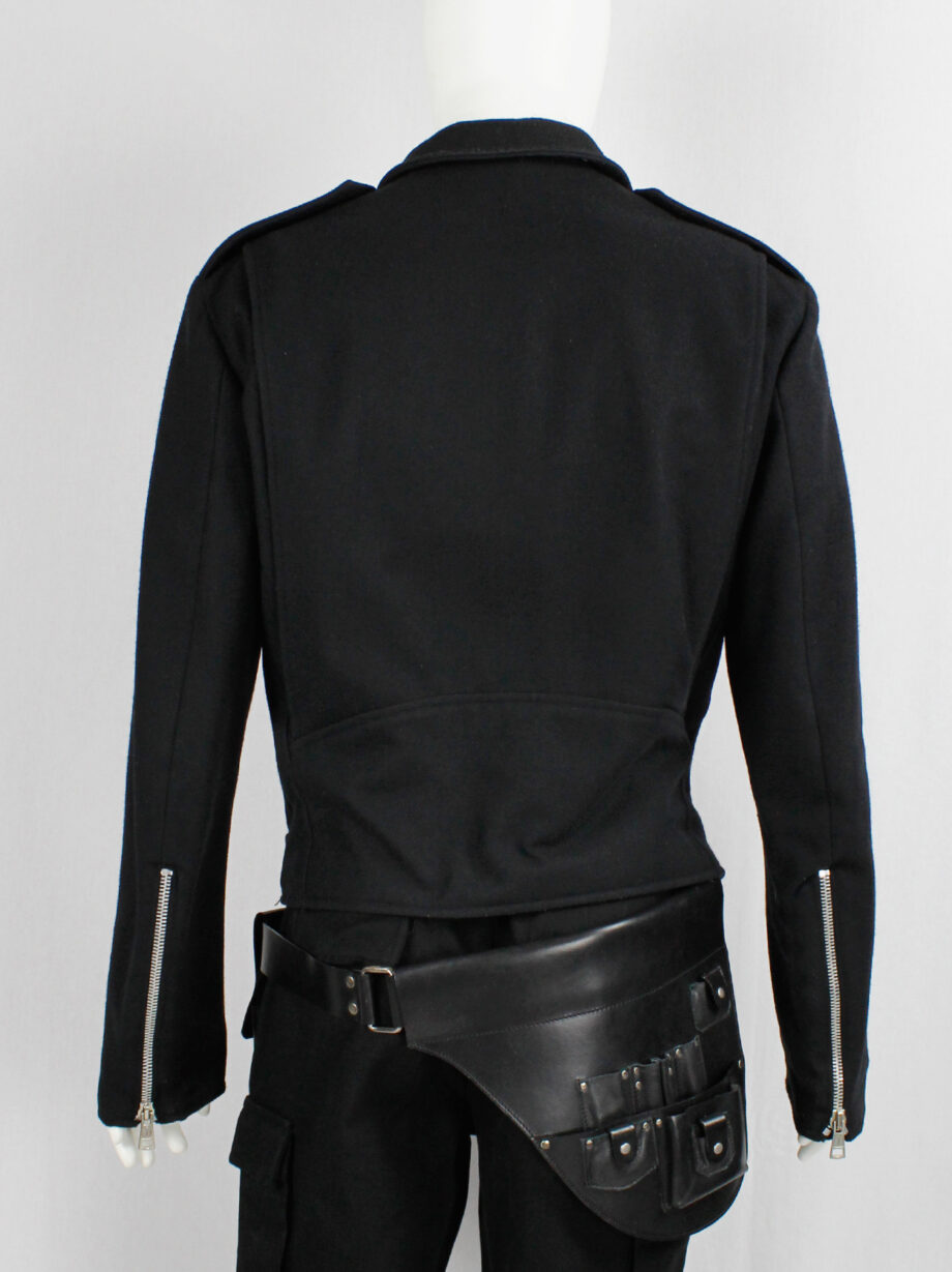 Xavier Delcour black wool biker jacket with zipper details and belted hem fall 2004 (7)