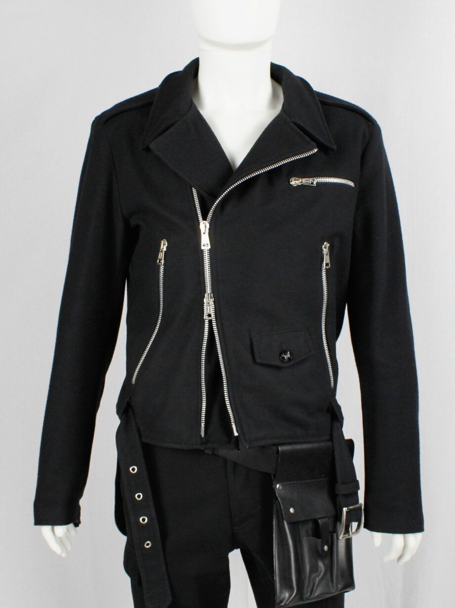Xavier Delcour black wool biker jacket with zipper details and belted hem fall 2004 (8)