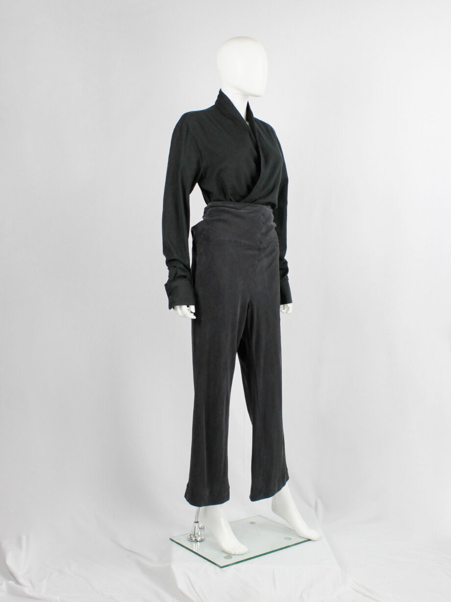 archive Yohji Yamamoto dark grey silk trousers with drape bustle on the back spring 2000 (16)
