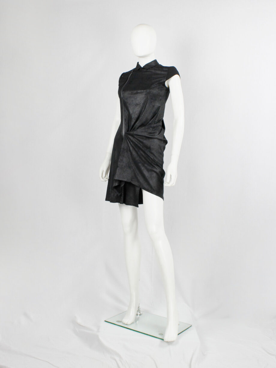vintage a f Vandevorst black faux suede dress with draped skirt and contrasting studded shoulder panels fall 2010 (11)