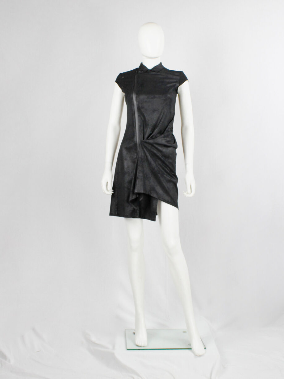 vintage a f Vandevorst black faux suede dress with draped skirt and contrasting studded shoulder panels fall 2010 (12)