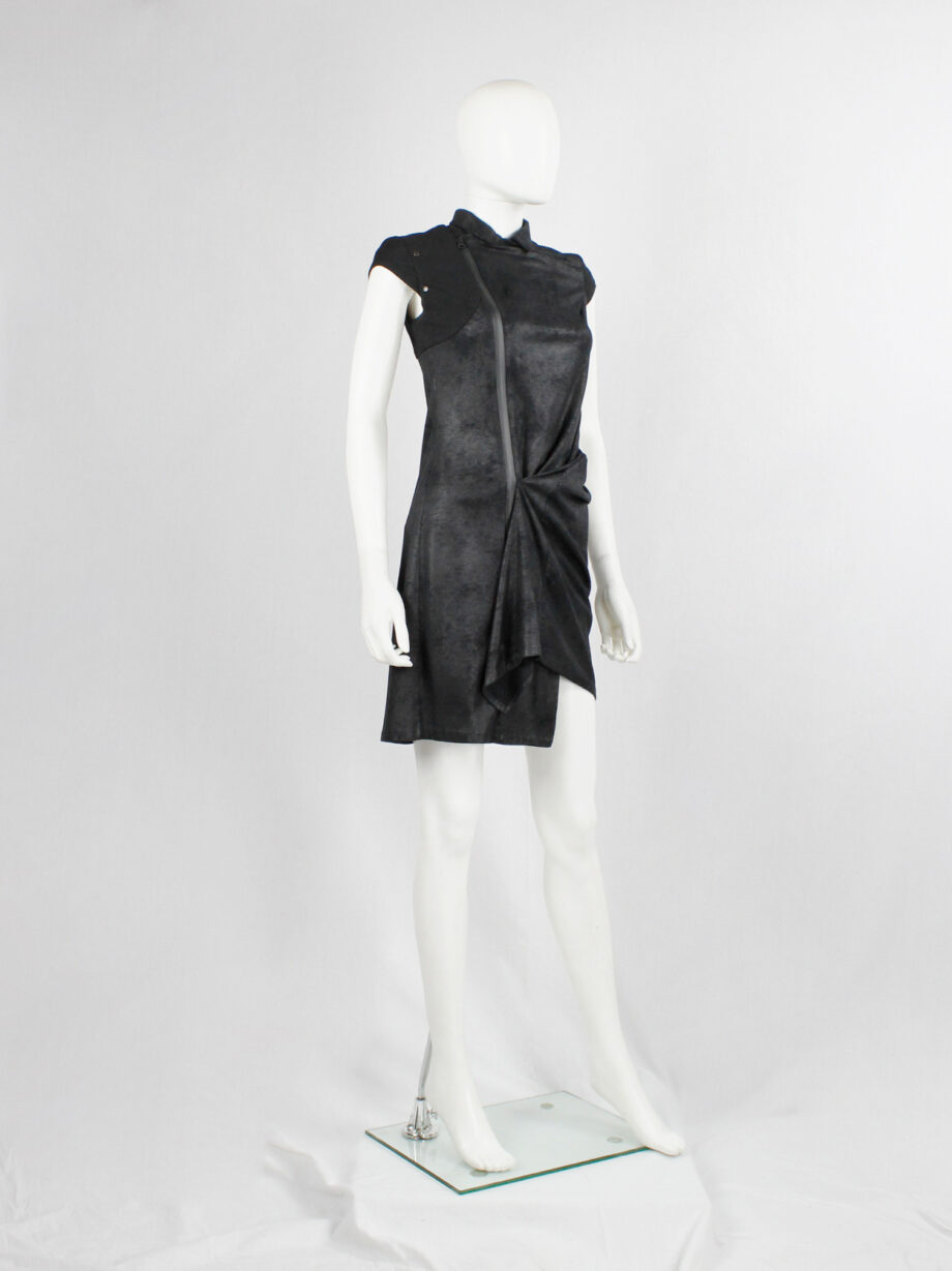 vintage a f Vandevorst black faux suede dress with draped skirt and contrasting studded shoulder panels fall 2010 (13)