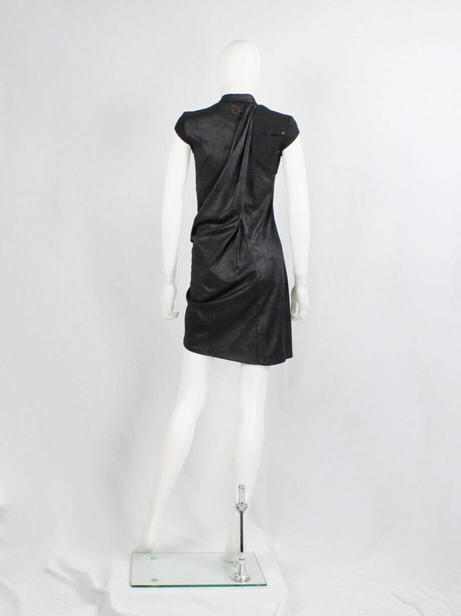 vintage a f Vandevorst black faux suede dress with draped skirt and contrasting studded shoulder panels fall 2010 (14)