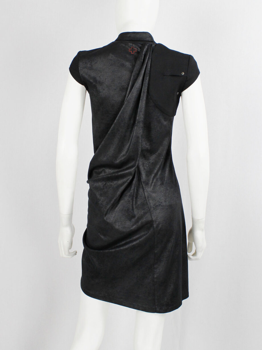 vintage a f Vandevorst black faux suede dress with draped skirt and contrasting studded shoulder panels fall 2010 (15)