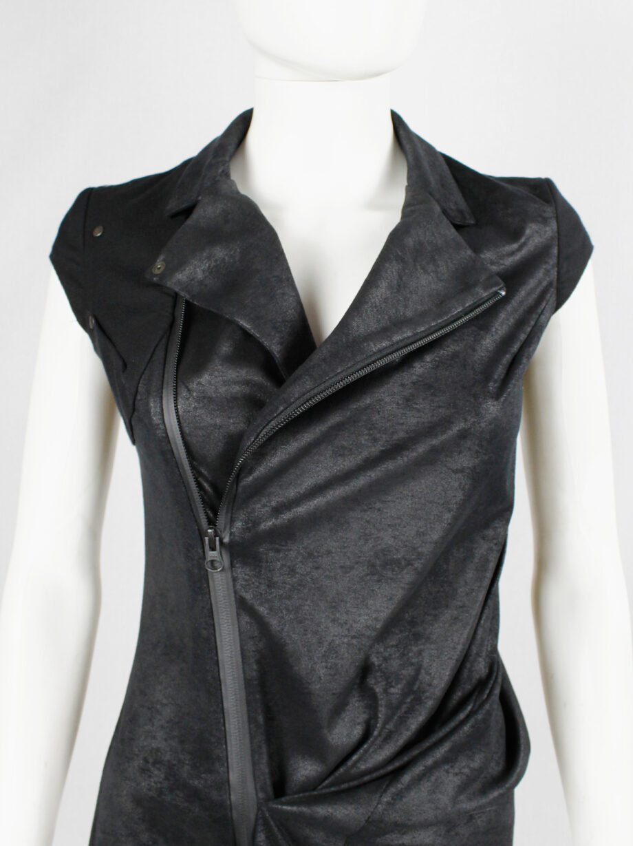 vintage a f Vandevorst black faux suede dress with draped skirt and contrasting studded shoulder panels fall 2010 (18)