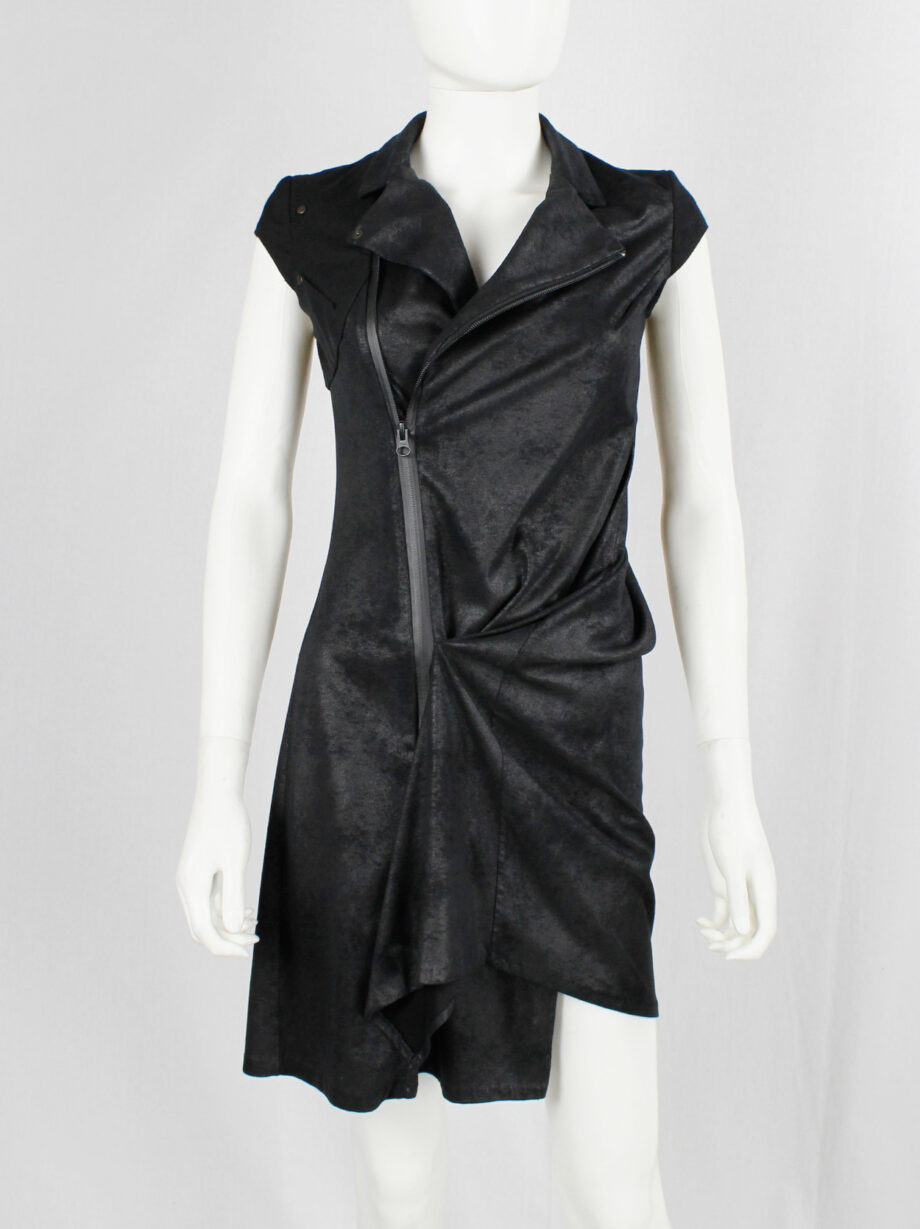 vintage a f Vandevorst black faux suede dress with draped skirt and contrasting studded shoulder panels fall 2010 (19)