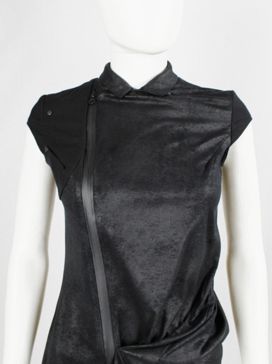 vintage a f Vandevorst black faux suede dress with draped skirt and contrasting studded shoulder panels fall 2010 (2)