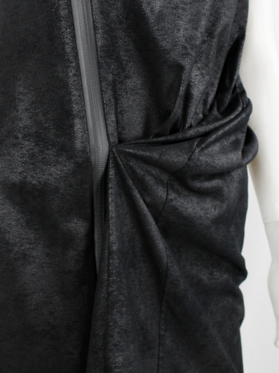 vintage a f Vandevorst black faux suede dress with draped skirt and contrasting studded shoulder panels fall 2010 (4)