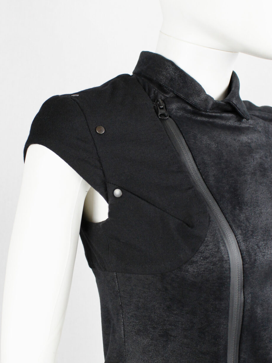 vintage a f Vandevorst black faux suede dress with draped skirt and contrasting studded shoulder panels fall 2010 (6)