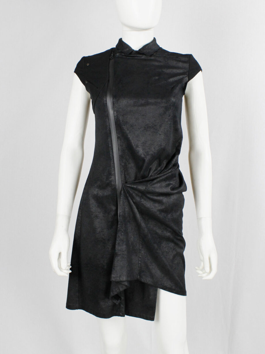 vintage a f Vandevorst black faux suede dress with draped skirt and contrasting studded shoulder panels fall 2010 (8)