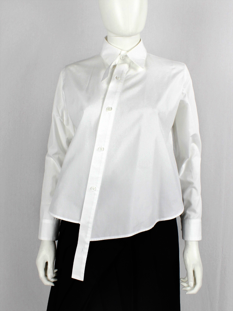 Yohji Yamamoto white diagonal shirt with longer button strip and draped hem (10)