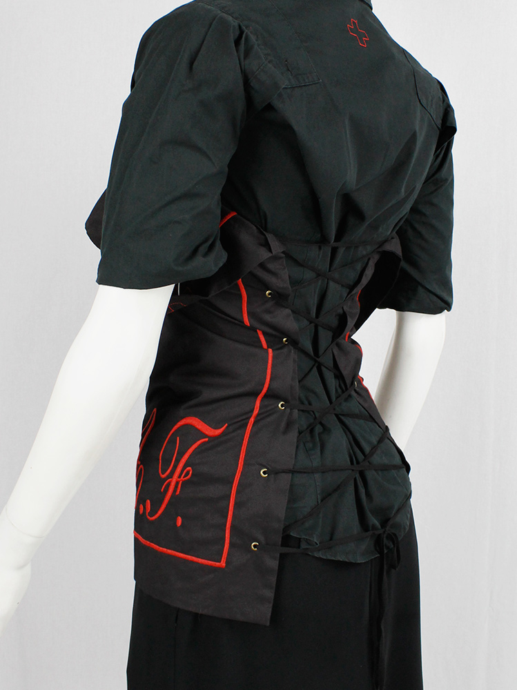 vintage a f Vandevorst black corset made from a pillow case with red initials spring 1999 (1)