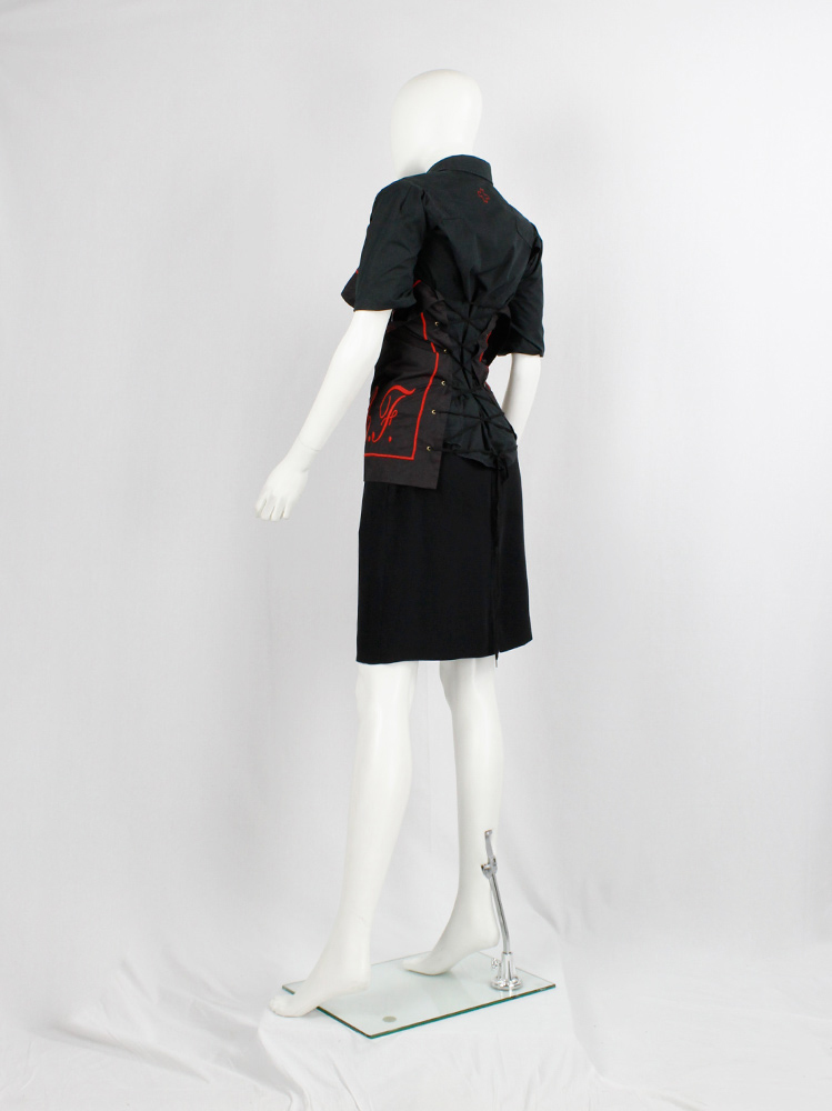 vintage a f Vandevorst black corset made from a pillow case with red initials spring 1999 (17)