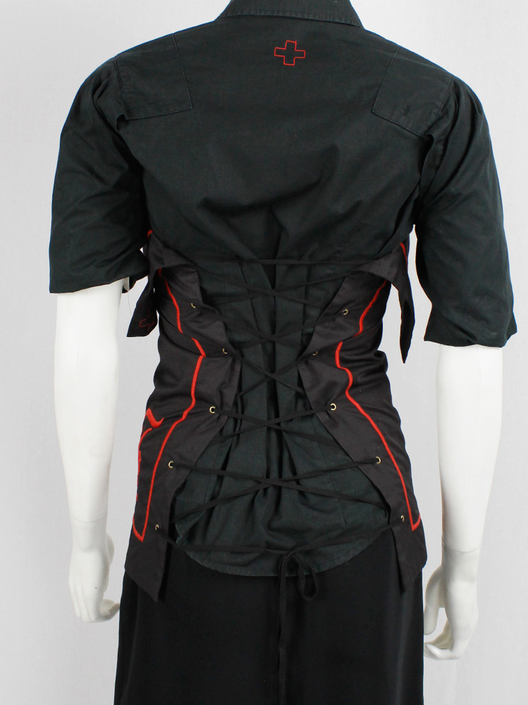 vintage a f Vandevorst black corset made from a pillow case with red initials spring 1999 (2)
