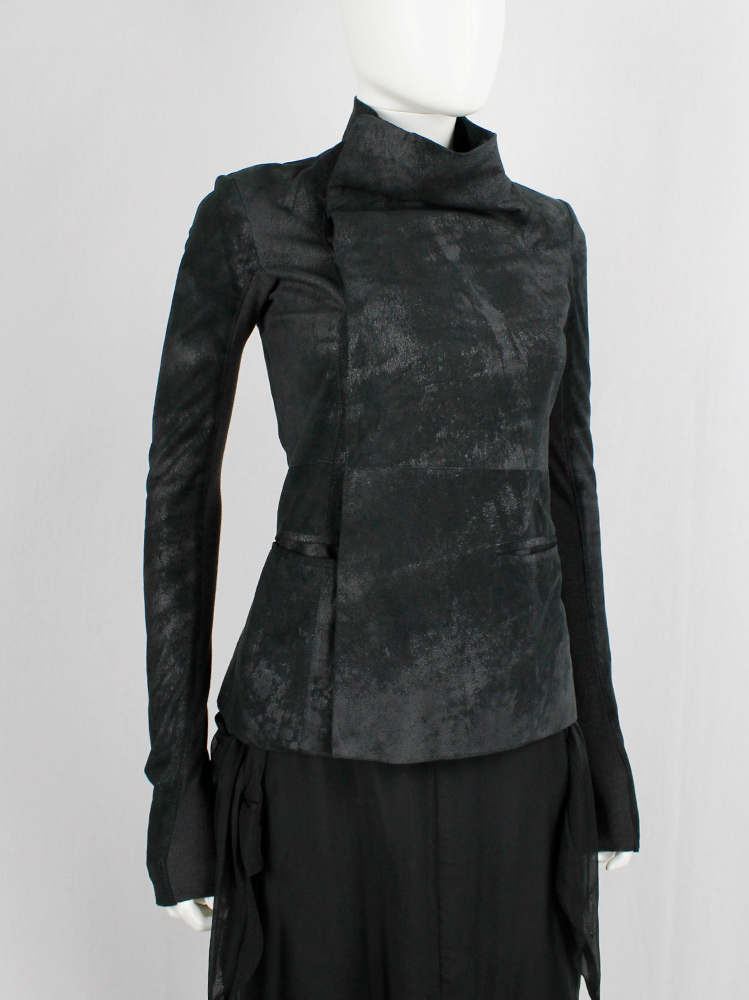 vintage Rick Owens black blistered leather minimalist jacket with standing neckline (13)