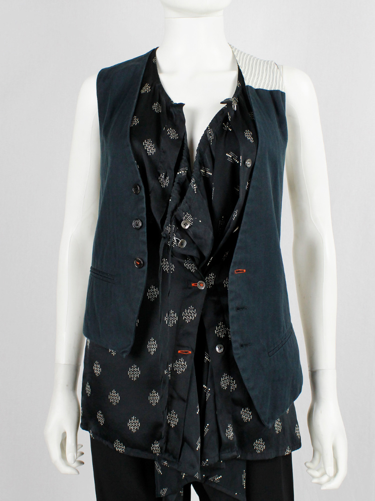 Ann Demeulemeester dark blue asymmetric waistcoat with white pinstripe back and straps spring 2005 (1)