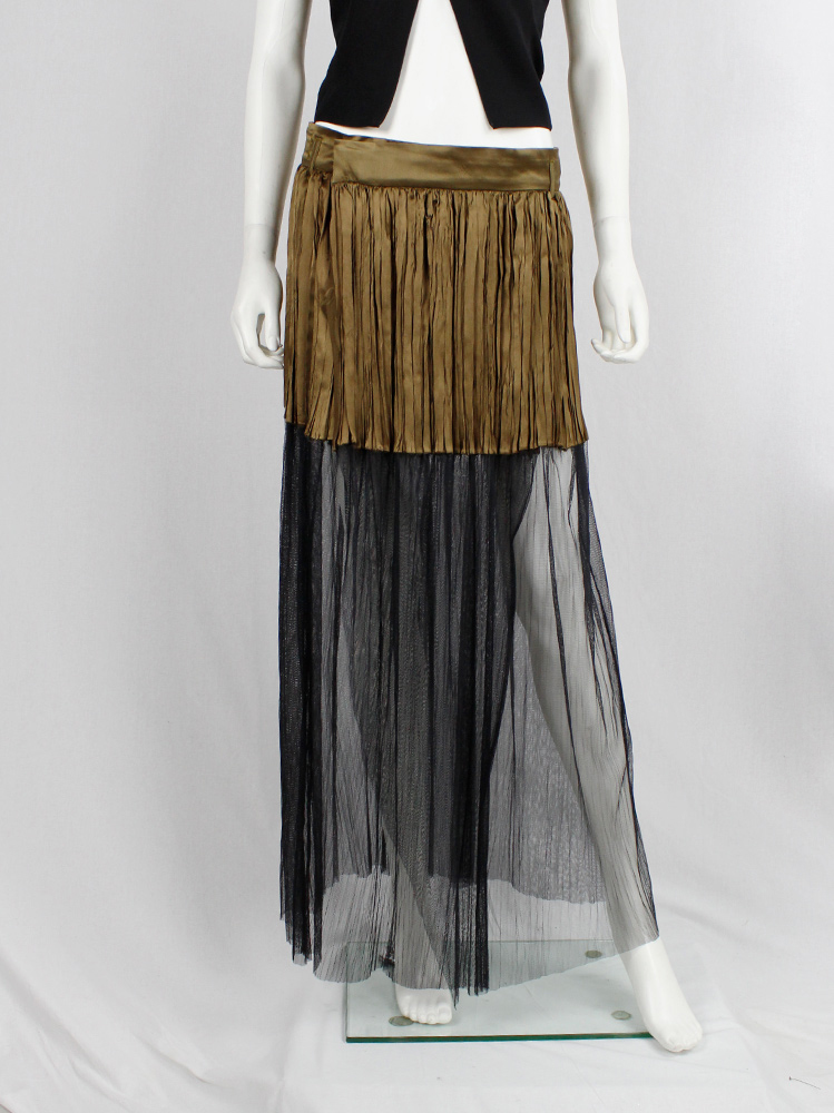 Haider Ackermann khaki pleated skirt fused with a black sheer maxi skirt spring 2014 (2)