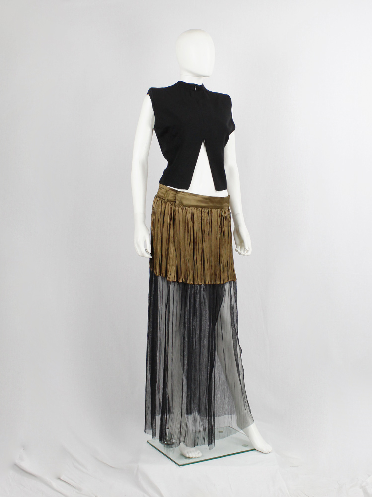 Haider Ackermann khaki pleated skirt fused with a black sheer maxi skirt spring 2014 (8)