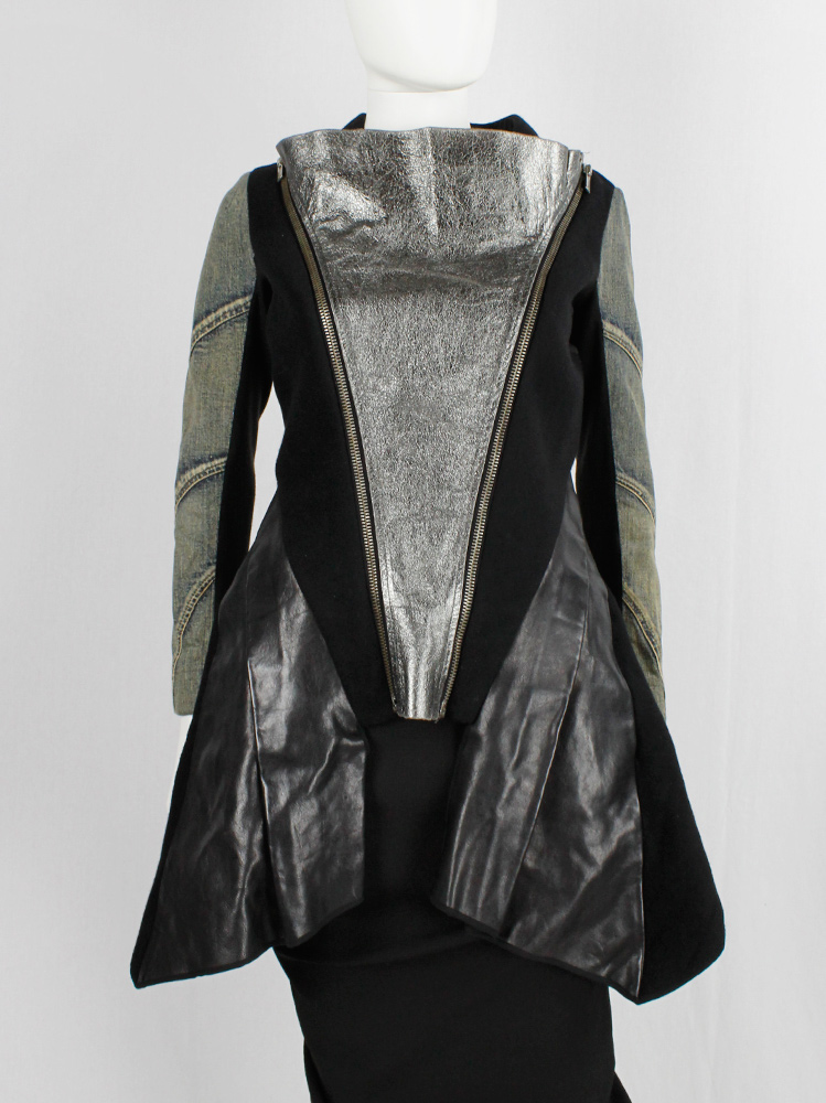 Rick Owens STAG black winged jacket with silver zipped front panel and denim sleeves fall 2008 (3)