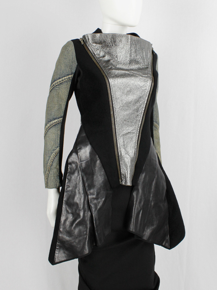 Rick Owens STAG black winged jacket with silver zipped front panel and denim sleeves fall 2008 (4)