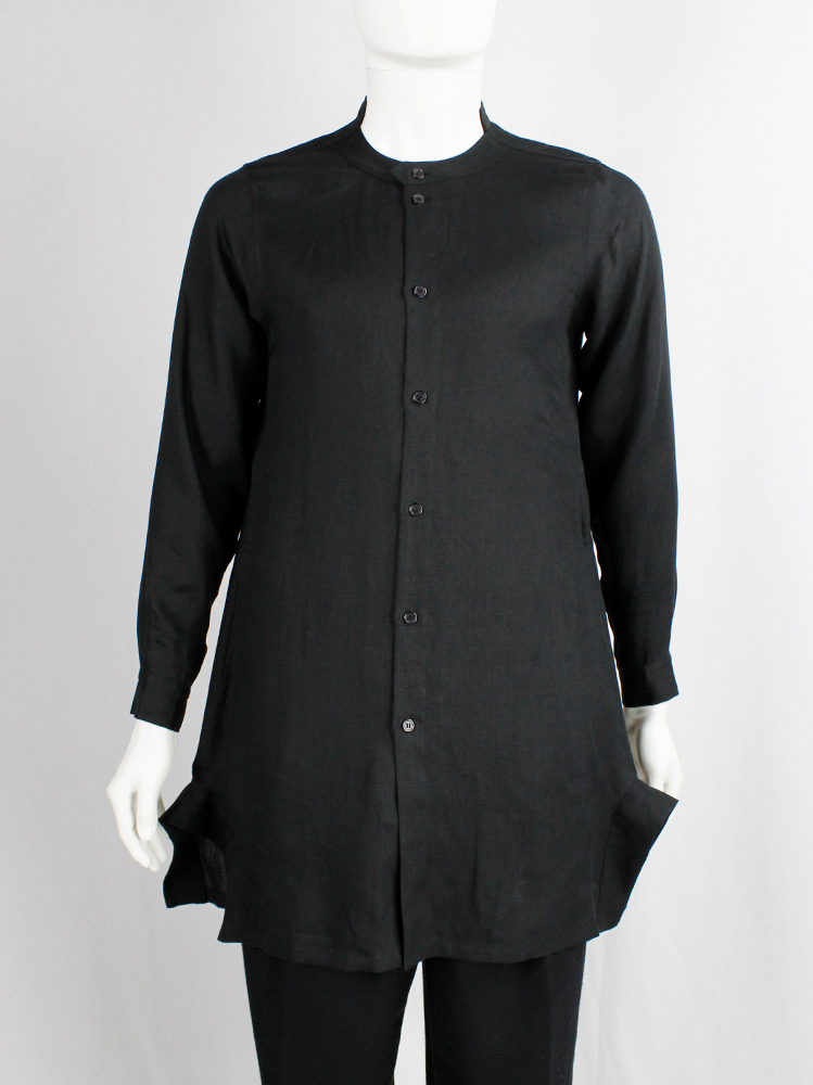 Yohji Yamamoto black long shirt with chopped collar and side wings at the hips (1)