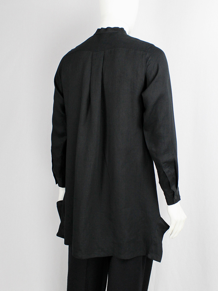 Yohji Yamamoto black long shirt with chopped collar and side wings at the hips (11)