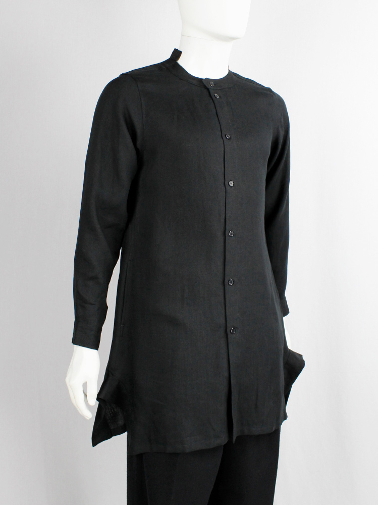 Yohji Yamamoto black long shirt with chopped collar and side wings at the hips (3)