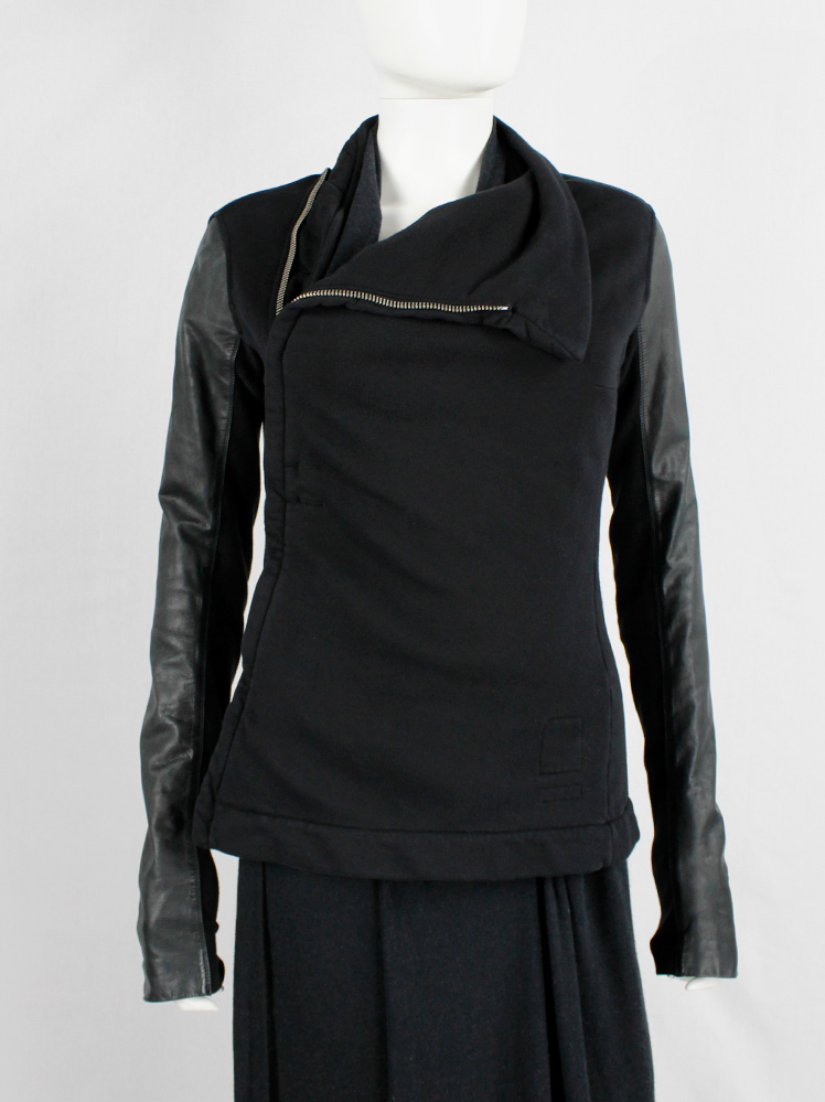 Rick Owens DRKSHDW black sweatshirt biker jacket with leather sleeves (11)