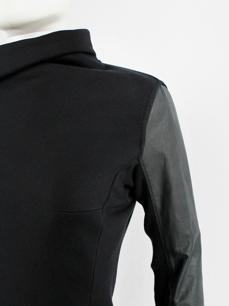 Rick Owens DRKSHDW black sweatshirt biker jacket with leather sleeves (4)