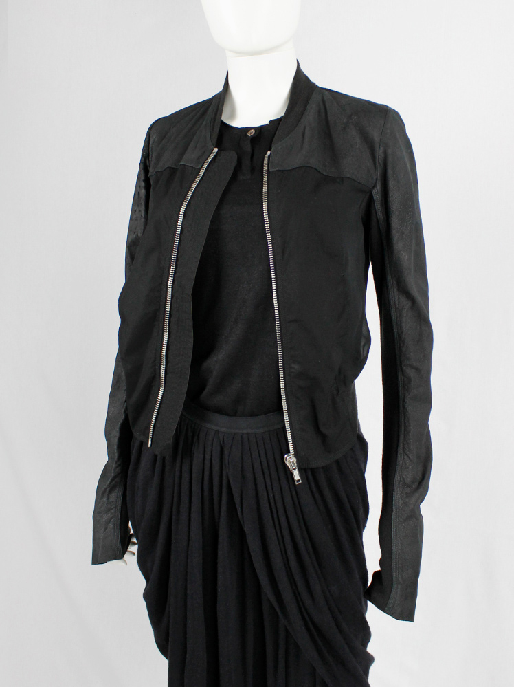 vintage Rick Owens black bomber jacket leather sleeves and sheer pleated back (4)