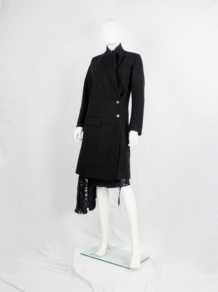 vintage Ann Demeulemeester black long asymmetric coat with overlap front fall 1998 (24)