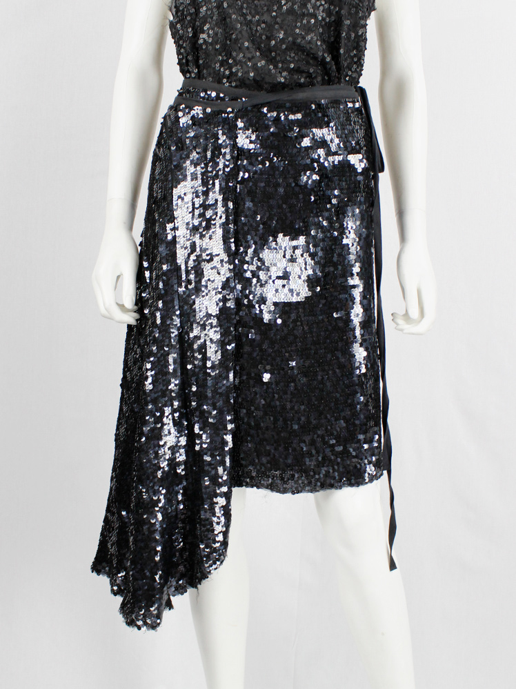 vintage Ann Demeulemeester black wrap skirt covered in sequins with side drape runway fall 2006 (1)