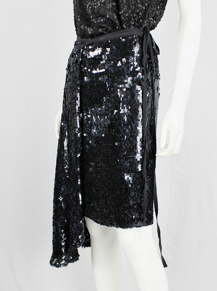 vintage Ann Demeulemeester black wrap skirt covered in sequins with side drape runway fall 2006 (6)