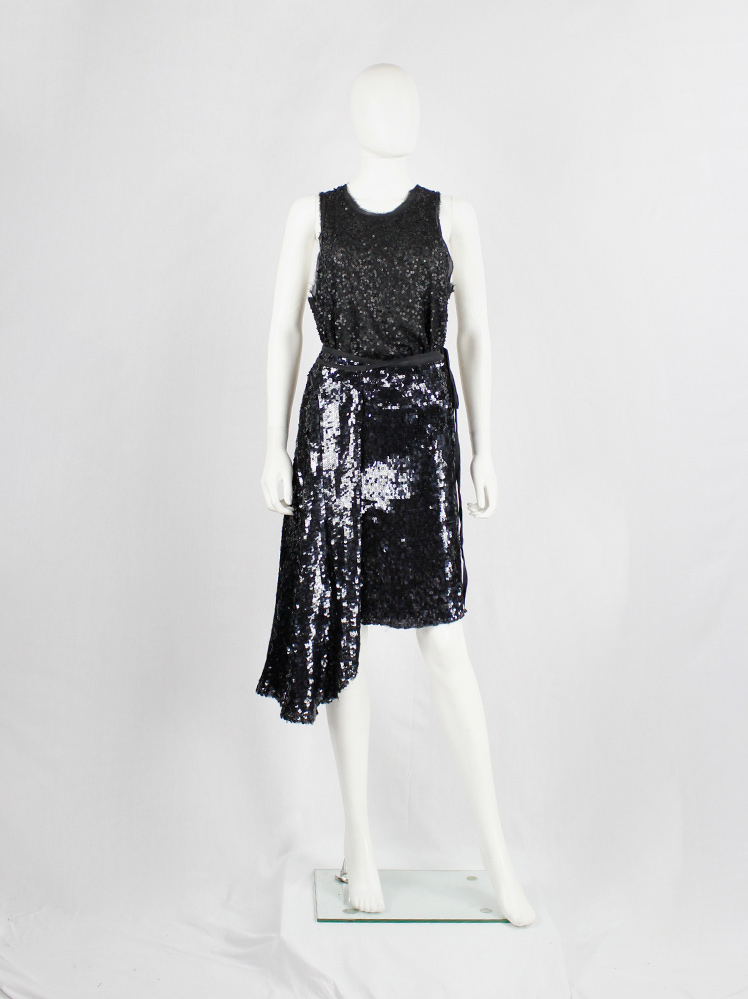 vintage Ann Demeulemeester black wrap skirt covered in sequins with side drape runway fall 2006 (8)