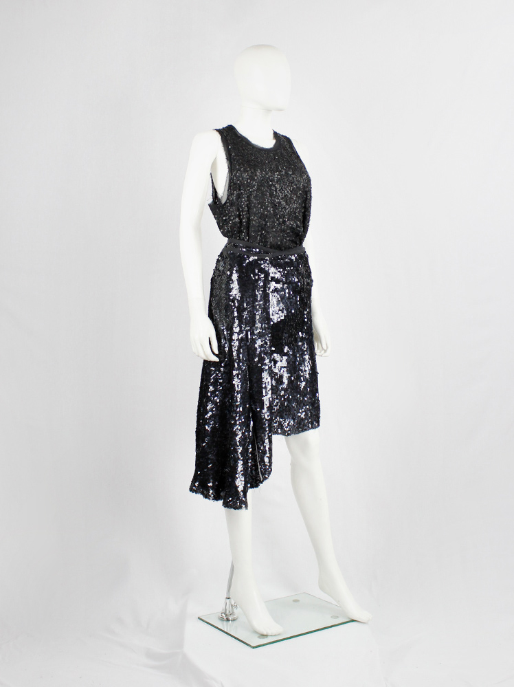vintage Ann Demeulemeester black wrap skirt covered in sequins with side drape runway fall 2006 (9)
