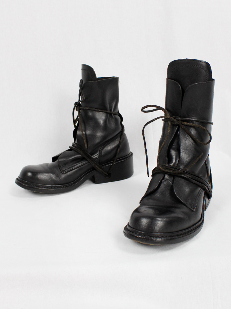 Dirk Bikkembergs black tall boots front wrapped by laces through the soles 1990s (1)