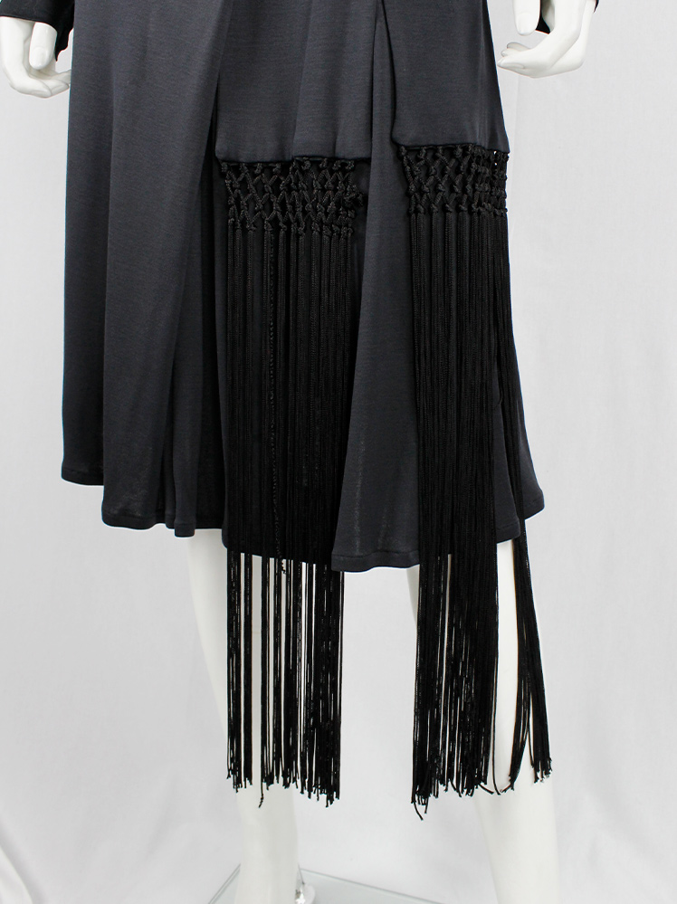 vintage Veronique Branquinho dark grey skirt with panels of macramé decoration and fringes spring 2007 (2)