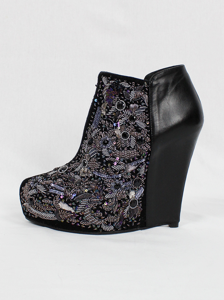 vintage a f Vandevorst black platform wedge boots with beaded and embroidered front fall 2012 (10)
